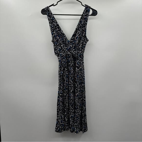 LOFT Outlet Black, White & Blue Geometric Print Sleeveless Faux Wrap Dress Sz XS - Picture 4 of 8